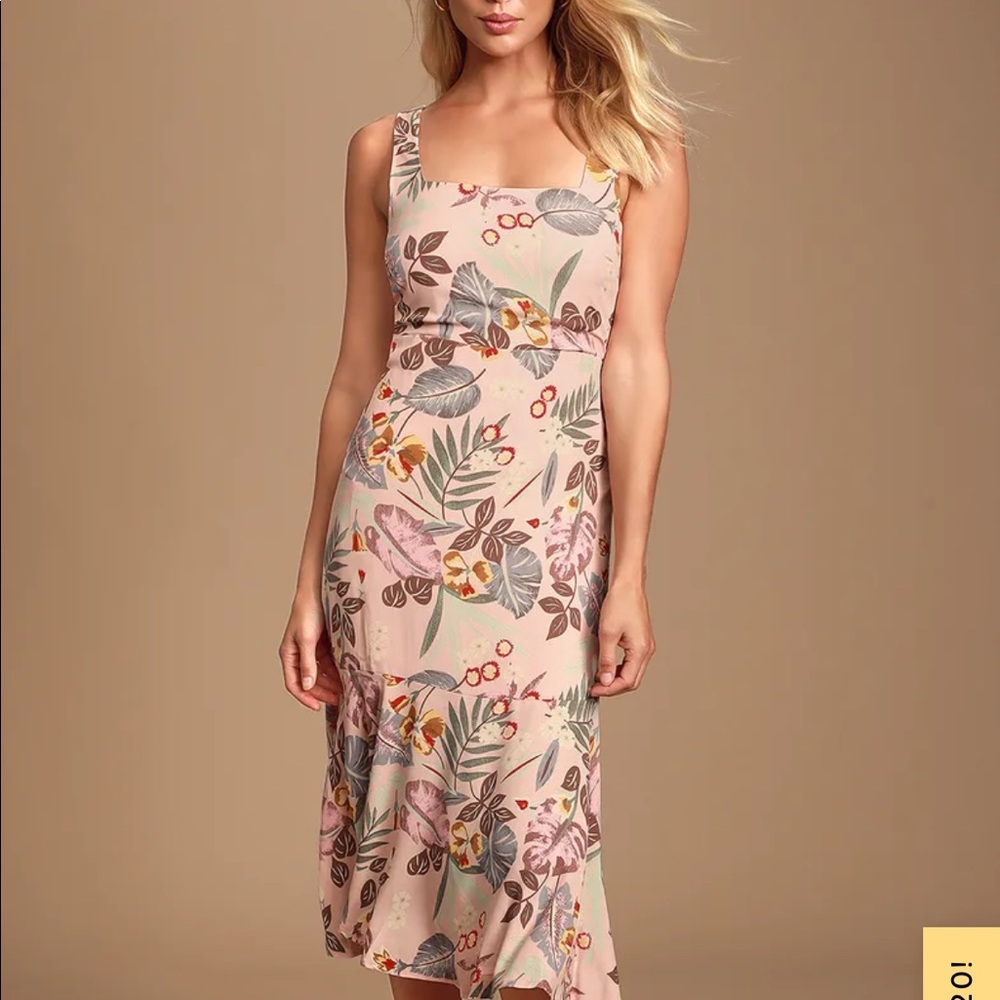 Island Sun Blush Pink Tropical Print Tie-Back Midi Dress
